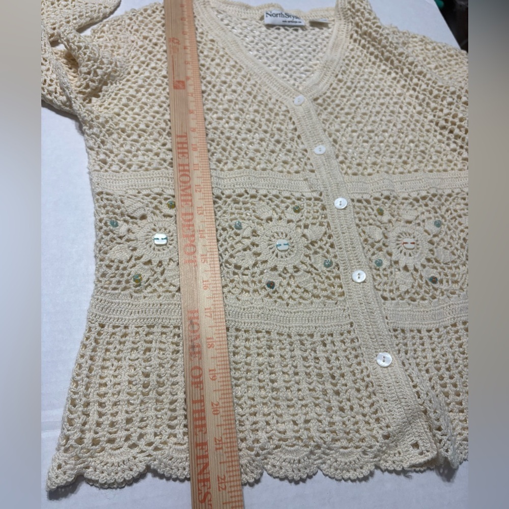 NorthStyle Cream‎ Crochet Open Knit Coastal Boho Cardigan Scalloped Edges Beaded - Picture 16 of 16